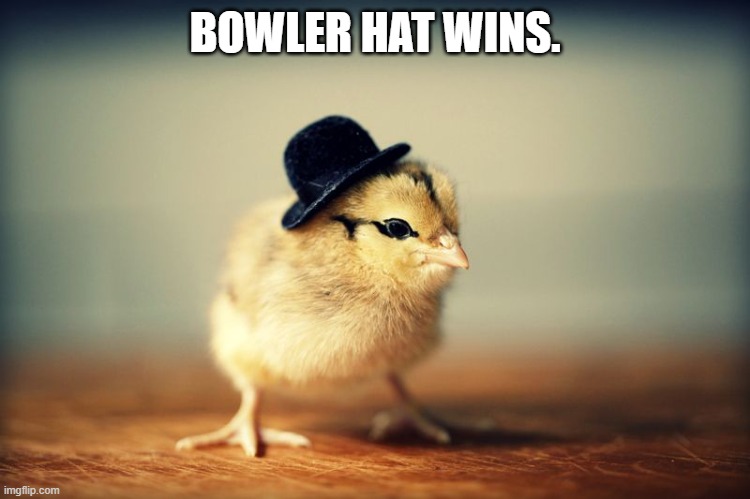Little chick bowler hat | BOWLER HAT WINS. | image tagged in little chick bowler hat | made w/ Imgflip meme maker
