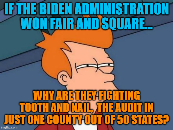 Futurama Fry | IF THE BIDEN ADMINISTRATION WON FAIR AND SQUARE... WHY ARE THEY FIGHTING TOOTH AND NAIL,  THE AUDIT IN JUST ONE COUNTY OUT OF 50 STATES? | image tagged in memes,futurama fry | made w/ Imgflip meme maker