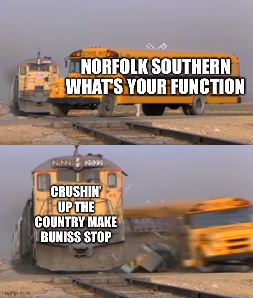 A train hitting a school bus | NORFOLK SOUTHERN WHAT'S YOUR FUNCTION; CRUSHIN’ UP THE COUNTRY MAKE BUNISS STOP | image tagged in a train hitting a school bus | made w/ Imgflip meme maker