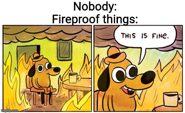 True story | Nobody:
Fireproof things: | image tagged in memes,this is fine | made w/ Imgflip meme maker