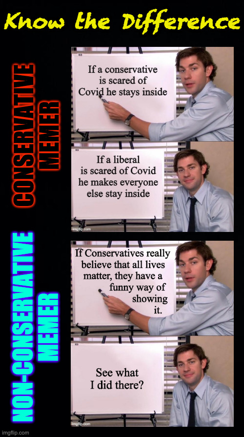 A popular meme in Politics and my reply. | Know the Difference; CONSERVATIVE MEMER; NON-CONSERVATIVE MEMER | image tagged in know the difference,memes,jim halpert explains,conservative hypocrisy,covid,see what i did there | made w/ Imgflip meme maker