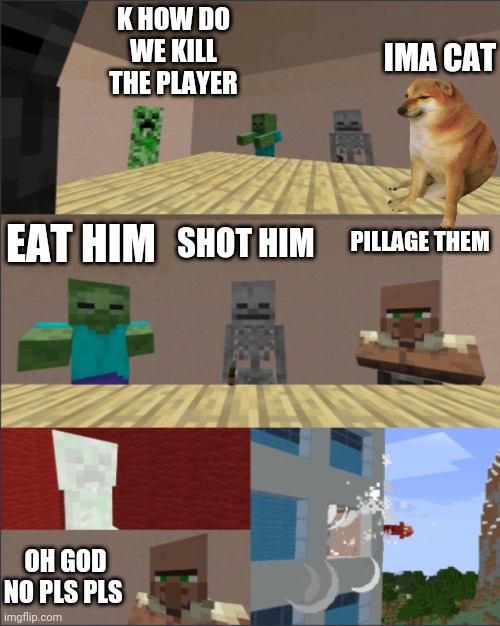Minecraft Boardroom Meeting Suggestion | K HOW DO WE KILL THE PLAYER; IMA CAT; EAT HIM; SHOT HIM; PILLAGE THEM; OH GOD NO PLS PLS | image tagged in minecraft boardroom meeting suggestion | made w/ Imgflip meme maker