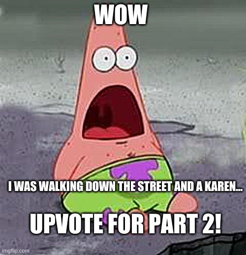 this is supposed to be a joke... | WOW; I WAS WALKING DOWN THE STREET AND A KAREN... UPVOTE FOR PART 2! | image tagged in suprised patrick | made w/ Imgflip meme maker