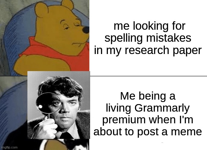 Tuxedo Winnie The Pooh Meme | me looking for spelling mistakes in my research paper; Me being a living Grammarly premium when I'm about to post a meme | image tagged in memes,tuxedo winnie the pooh | made w/ Imgflip meme maker
