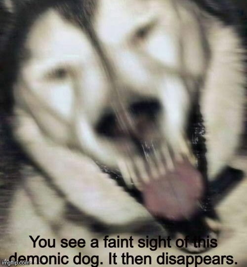 Might be useful later in the apocalypse. This is my demonic, reality-bending dog OC. |  You see a faint sight of this demonic dog. It then disappears. | image tagged in s c a r y b o i | made w/ Imgflip meme maker