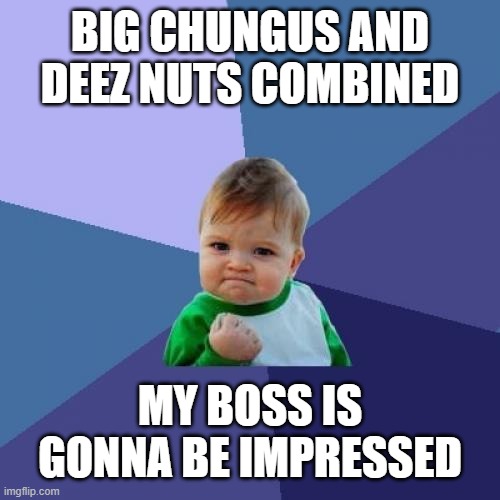 Success Kid Meme | BIG CHUNGUS AND DEEZ NUTS COMBINED MY BOSS IS GONNA BE IMPRESSED | image tagged in memes,success kid | made w/ Imgflip meme maker