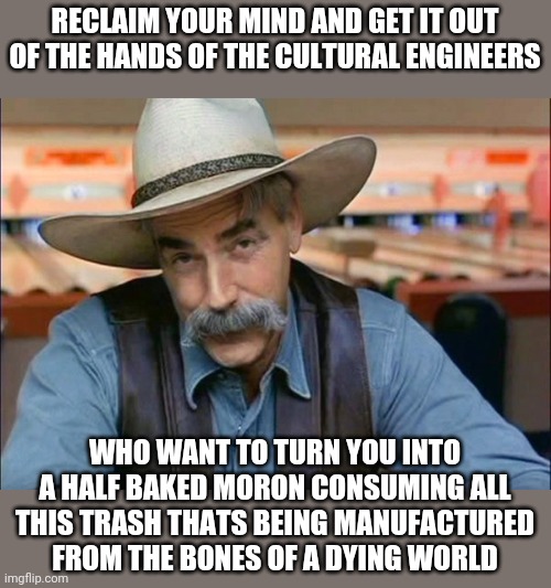 Terence Mckenna quote | RECLAIM YOUR MIND AND GET IT OUT OF THE HANDS OF THE CULTURAL ENGINEERS; WHO WANT TO TURN YOU INTO A HALF BAKED MORON CONSUMING ALL THIS TRASH THATS BEING MANUFACTURED FROM THE BONES OF A DYING WORLD | image tagged in sam elliott special kind of stupid | made w/ Imgflip meme maker