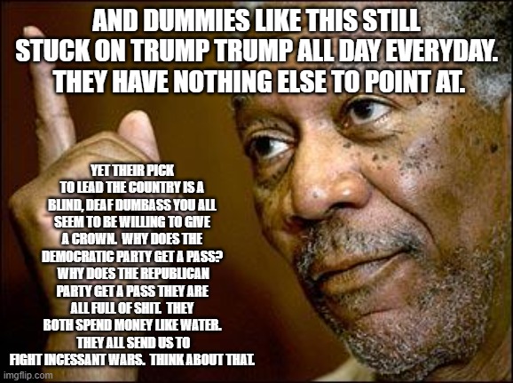 This Morgan Freeman | AND DUMMIES LIKE THIS STILL STUCK ON TRUMP TRUMP ALL DAY EVERYDAY.  THEY HAVE NOTHING ELSE TO POINT AT. YET THEIR PICK TO LEAD THE COUNTRY I | image tagged in this morgan freeman | made w/ Imgflip meme maker
