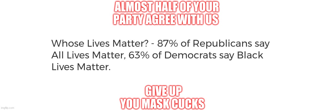 I got that from a site it's not just random info, that is accurate | GIVE UP YOU MASK CUCKS; ALMOST HALF OF YOUR PARTY AGREE WITH US | image tagged in funny,masked cuck,liberals,politics,stupidity | made w/ Imgflip meme maker