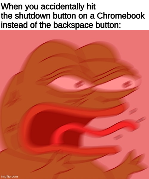 Happened way too many times for me | When you accidentally hit the shutdown button on a Chromebook instead of the backspace button: | image tagged in rage pepe | made w/ Imgflip meme maker