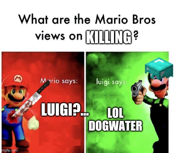 Mario Bros Views | KILLING; LUIGI?... LOL DOGWATER | image tagged in mario bros views | made w/ Imgflip meme maker