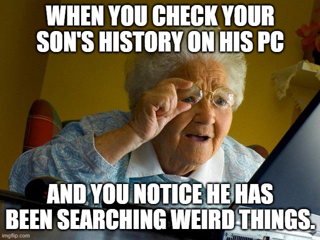 Never check your son's history | WHEN YOU CHECK YOUR SON'S HISTORY ON HIS PC; AND YOU NOTICE HE HAS BEEN SEARCHING WEIRD THINGS. | image tagged in memes,grandma finds the internet | made w/ Imgflip meme maker