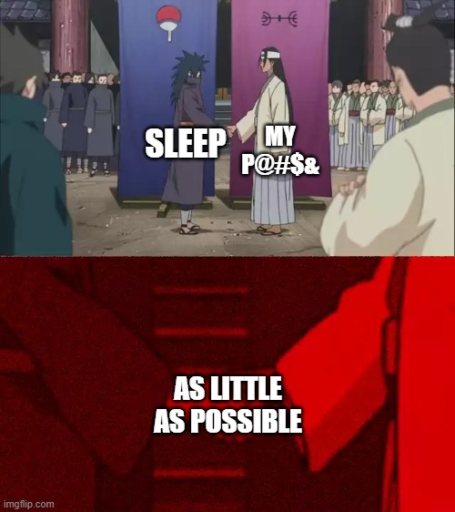 Gee wonder what the word that begins with P was | MY P@#$&; SLEEP; AS LITTLE AS POSSIBLE | image tagged in naruto handshake meme template | made w/ Imgflip meme maker