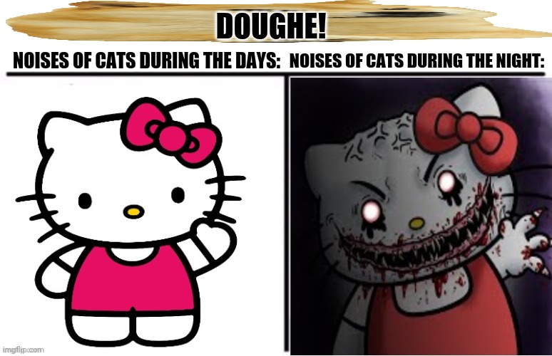 Hello Kitty Cute To Creepy | DOUGHE! NOISES OF CATS DURING THE DAYS:; NOISES OF CATS DURING THE NIGHT: | image tagged in memes,grumpy cat christmas,scary | made w/ Imgflip meme maker