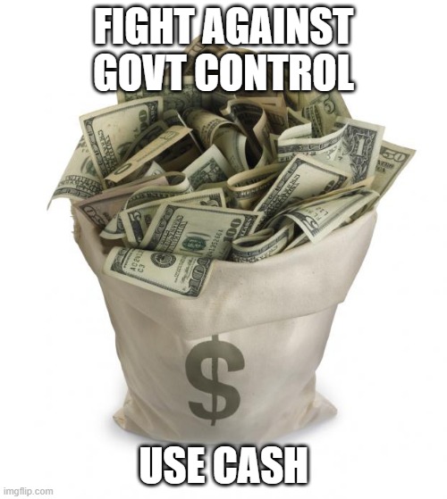 Bag of money | FIGHT AGAINST GOVT CONTROL; USE CASH | image tagged in bag of money | made w/ Imgflip meme maker
