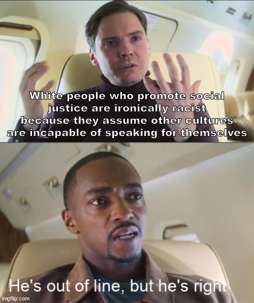 He's out of line but he's right |  White people who promote social justice are ironically racist because they assume other cultures are incapable of speaking for themselves | image tagged in he's out of line but he's right,marvel | made w/ Imgflip meme maker