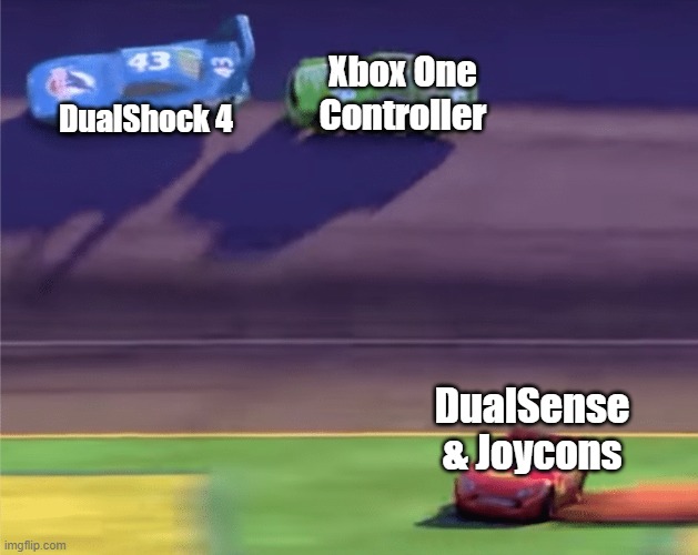 Lightning McQueen Race | DualShock 4; Xbox One Controller; DualSense & Joycons | image tagged in lightning mcqueen race | made w/ Imgflip meme maker