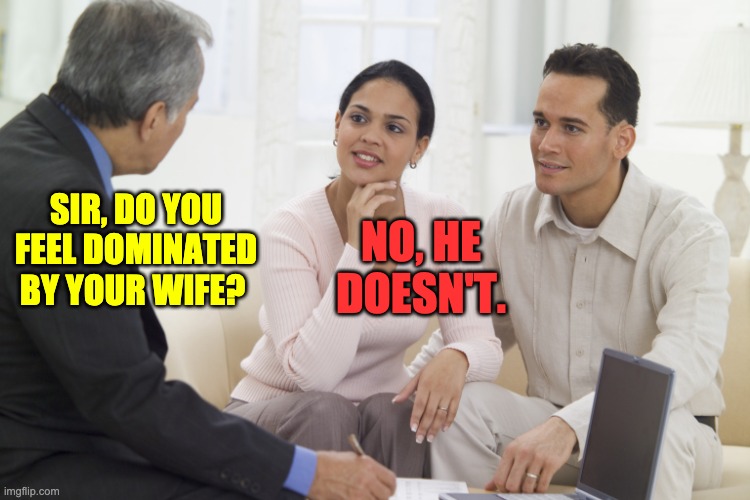 Domination | SIR, DO YOU FEEL DOMINATED BY YOUR WIFE? NO, HE DOESN'T. | image tagged in marriage counselling | made w/ Imgflip meme maker