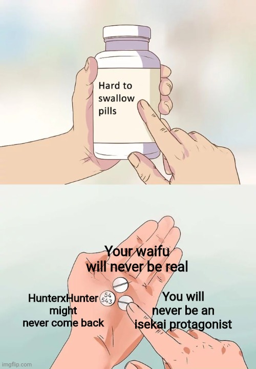 Damn that's tough | Your waifu will never be real; HunterxHunter might never come back; You will never be an isekai protagonist | image tagged in memes,hard to swallow pills,anime | made w/ Imgflip meme maker
