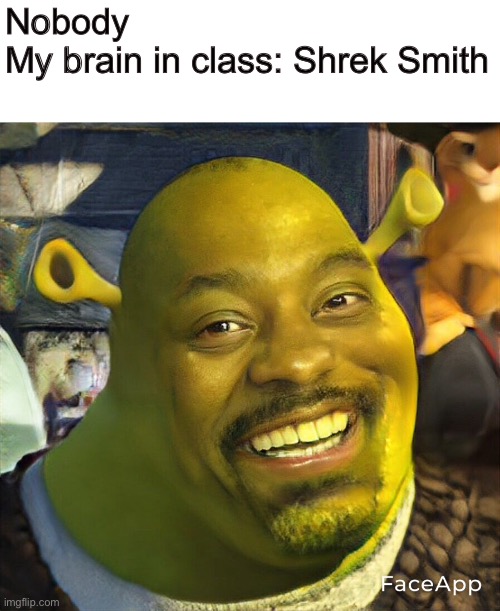 Shrek Smith | Nobody
My brain in class: Shrek Smith | image tagged in shrek,willsmith,memes,fun,cursed image,pain | made w/ Imgflip meme maker