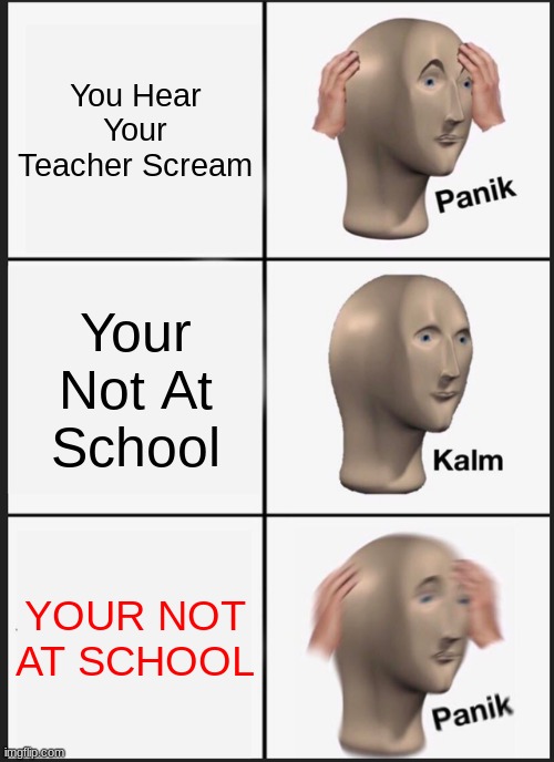 When you ain't at school | You Hear Your Teacher Scream; Your Not At School; YOUR NOT AT SCHOOL | image tagged in memes,panik kalm panik | made w/ Imgflip meme maker
