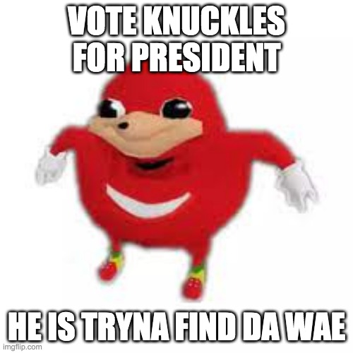 Vote knuckles | VOTE KNUCKLES FOR PRESIDENT; HE IS TRYNA FIND DA WAE | image tagged in ugandan knuckles | made w/ Imgflip meme maker