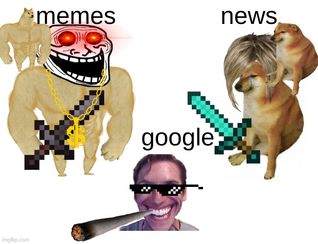 memes!!! | memes; news; google | image tagged in memes,buff doge vs cheems | made w/ Imgflip meme maker