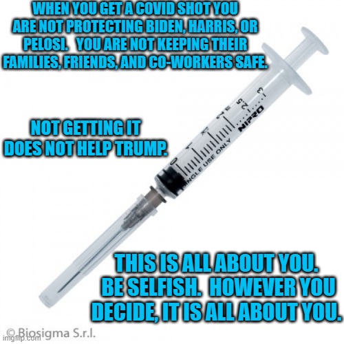Your Decision, Your Consequences. | WHEN YOU GET A COVID SHOT YOU ARE NOT PROTECTING BIDEN, HARRIS, OR PELOSI.   YOU ARE NOT KEEPING THEIR FAMILIES, FRIENDS, AND CO-WORKERS SAFE. NOT GETTING IT DOES NOT HELP TRUMP. THIS IS ALL ABOUT YOU.  BE SELFISH.  HOWEVER YOU DECIDE, IT IS ALL ABOUT YOU. | image tagged in politics | made w/ Imgflip meme maker