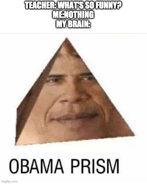 Whats so funny? Me: nothing My brain: | TEACHER: WHAT'S SO FUNNY?
ME:NOTHING
MY BRAIN: | image tagged in obama prism | made w/ Imgflip meme maker