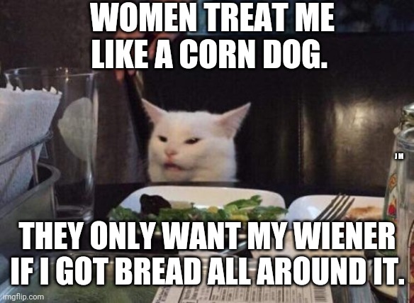 Salad cat | WOMEN TREAT ME LIKE A CORN DOG. J M; THEY ONLY WANT MY WIENER IF I GOT BREAD ALL AROUND IT. | image tagged in salad cat | made w/ Imgflip meme maker