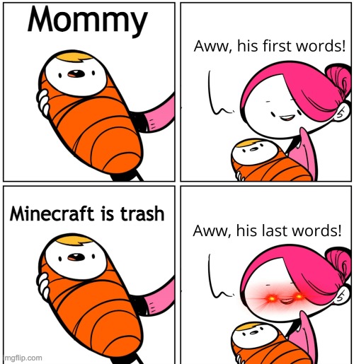 his last words lol | Mommy; Minecraft is trash | image tagged in aww his last words | made w/ Imgflip meme maker