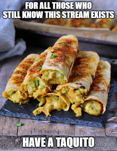 Been a while since anything in this stream, Have a taquito! (don't worry, It's vegetarian :)) | FOR ALL THOSE WHO STILL KNOW THIS STREAM EXISTS; HAVE A TAQUITO | image tagged in vegetarian,vegan,taquitos | made w/ Imgflip meme maker