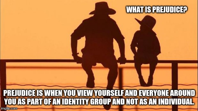 Cowboy wisdom on prejudice | WHAT IS PREJUDICE? PREJUDICE IS WHEN YOU VIEW YOURSELF AND EVERYONE AROUND YOU AS PART OF AN IDENTITY GROUP AND NOT AS AN INDIVIDUAL. | image tagged in cowboy father and son,pride  prejudice,prejudice,no one cares what gender you pick,cowboy wisdom,be an individual | made w/ Imgflip meme maker