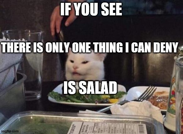 Salad cat |  IF YOU SEE; THERE IS ONLY ONE THING I CAN DENY; IS SALAD | image tagged in salad cat | made w/ Imgflip meme maker