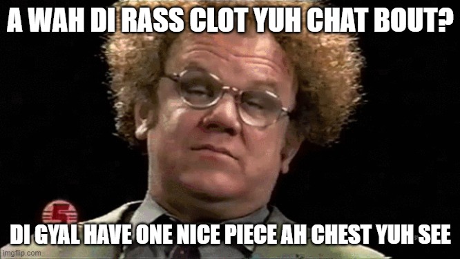 Jamaican Slang |  A WAH DI RASS CLOT YUH CHAT BOUT? DI GYAL HAVE ONE NICE PIECE AH CHEST YUH SEE | image tagged in boobs,wtf,huh | made w/ Imgflip meme maker