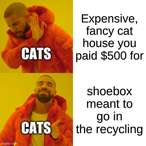 Drake Hotline Bling Meme | Expensive, fancy cat house you paid $500 for; CATS; shoebox meant to go in the recycling; CATS | image tagged in memes,drake hotline bling,cats,cat | made w/ Imgflip meme maker