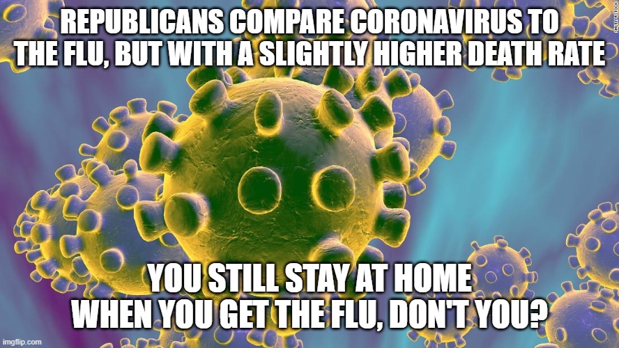 Coronavirus | REPUBLICANS COMPARE CORONAVIRUS TO THE FLU, BUT WITH A SLIGHTLY HIGHER DEATH RATE; YOU STILL STAY AT HOME WHEN YOU GET THE FLU, DON'T YOU? | image tagged in coronavirus | made w/ Imgflip meme maker