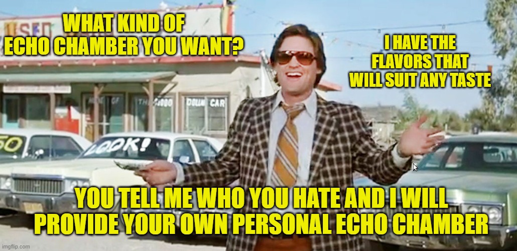 used car salesman | WHAT KIND OF ECHO CHAMBER YOU WANT? YOU TELL ME WHO YOU HATE AND I WILL PROVIDE YOUR OWN PERSONAL ECHO CHAMBER I HAVE THE FLAVORS THAT WILL  | image tagged in used car salesman | made w/ Imgflip meme maker