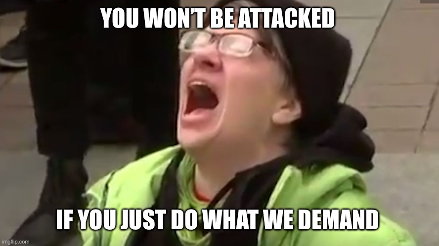 Screaming Liberal  | YOU WON’T BE ATTACKED IF YOU JUST DO WHAT WE DEMAND | image tagged in screaming liberal | made w/ Imgflip meme maker