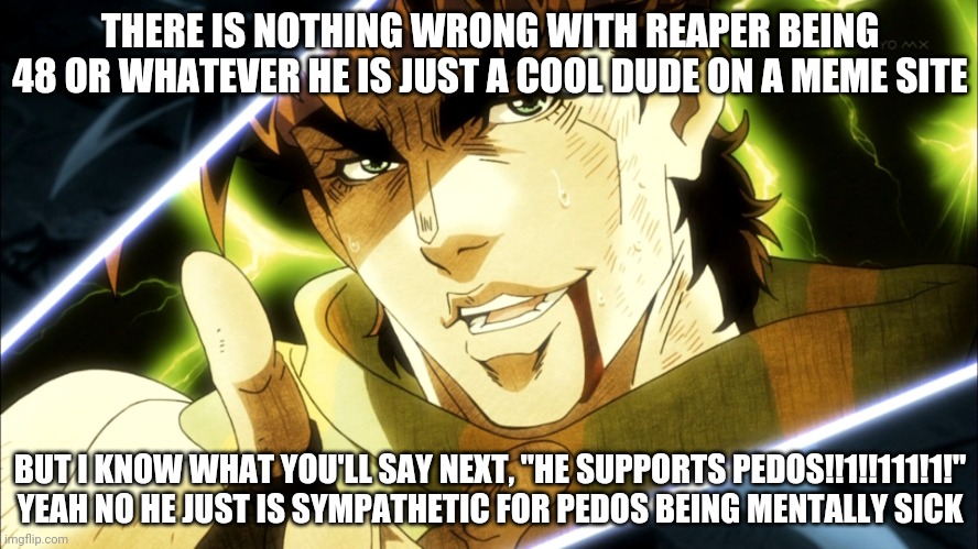 Literally stop attacking him for being old | THERE IS NOTHING WRONG WITH REAPER BEING 48 OR WHATEVER HE IS JUST A COOL DUDE ON A MEME SITE; BUT I KNOW WHAT YOU'LL SAY NEXT, "HE SUPPORTS PEDOS!!1!!111!1!" YEAH NO HE JUST IS SYMPATHETIC FOR PEDOS BEING MENTALLY SICK | image tagged in jojo meme | made w/ Imgflip meme maker