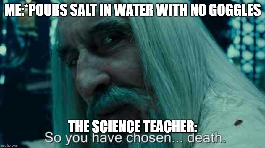 So you have chosen death | ME:*POURS SALT IN WATER WITH NO GOGGLES; THE SCIENCE TEACHER: | image tagged in so you have chosen death | made w/ Imgflip meme maker