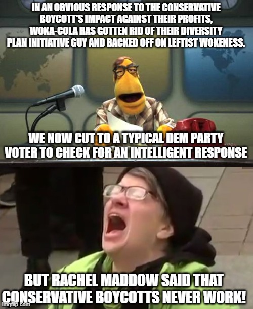 B-B-But conservative launched boycotts never work! | IN AN OBVIOUS RESPONSE TO THE CONSERVATIVE BOYCOTT'S IMPACT AGAINST THEIR PROFITS, WOKA-COLA HAS GOTTEN RID OF THEIR DIVERSITY PLAN INITIATIVE GUY AND BACKED OFF ON LEFTIST WOKENESS. WE NOW CUT TO A TYPICAL DEM PARTY VOTER TO CHECK FOR AN INTELLIGENT RESPONSE; BUT RACHEL MADDOW SAID THAT CONSERVATIVE BOYCOTTS NEVER WORK! | image tagged in muppet news flash | made w/ Imgflip meme maker