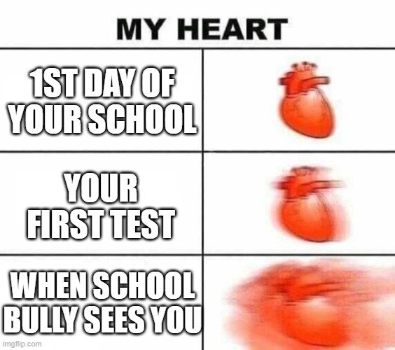 My heart blank | 1ST DAY OF YOUR SCHOOL; YOUR FIRST TEST; WHEN SCHOOL BULLY SEES YOU | image tagged in my heart blank | made w/ Imgflip meme maker