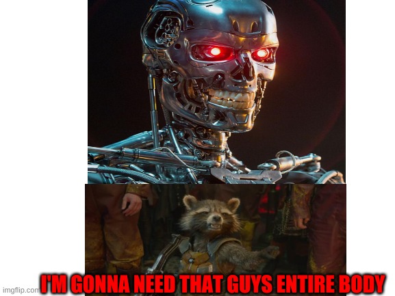 Yep, That's Rocket For You. | I'M GONNA NEED THAT GUYS ENTIRE BODY | image tagged in memes,marvel,rocket raccoon,im gonna need that guys,robot,terminator | made w/ Imgflip meme maker