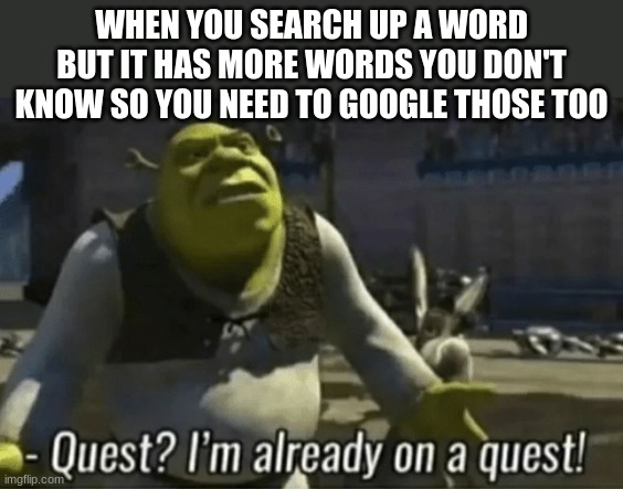 sad | WHEN YOU SEARCH UP A WORD BUT IT HAS MORE WORDS YOU DON'T KNOW SO YOU NEED TO GOOGLE THOSE TOO | image tagged in shreks on a quest | made w/ Imgflip meme maker