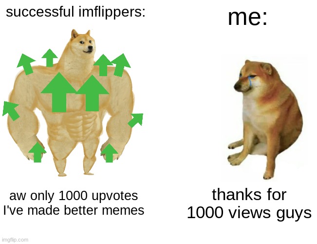 buff doge vs. cheems | successful imflippers:; me:; aw only 1000 upvotes I've made better memes; thanks for 1000 views guys | image tagged in memes,buff doge vs cheems,why are you reading this,stop reading the tags | made w/ Imgflip meme maker