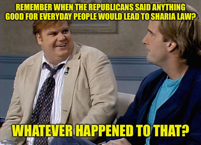 Today’s boogie word is socialism. They don’t actually know why, but screaming it makes them feel better I guess | REMEMBER WHEN THE REPUBLICANS SAID ANYTHING GOOD FOR EVERYDAY PEOPLE WOULD LEAD TO SHARIA LAW? WHATEVER HAPPENED TO THAT? | image tagged in remember when | made w/ Imgflip meme maker