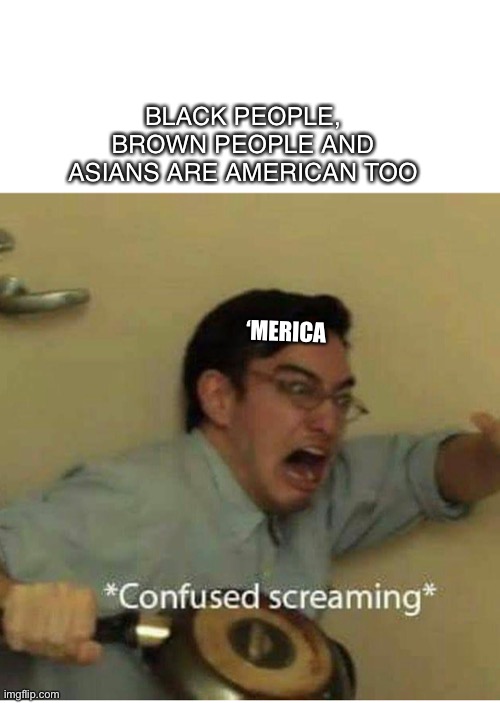 confused screaming | BLACK PEOPLE, BROWN PEOPLE AND ASIANS ARE AMERICAN TOO; ‘MERICA | image tagged in confused screaming | made w/ Imgflip meme maker