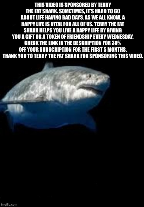 Terry the fat shark template | THIS VIDEO IS SPONSORED BY TERRY THE FAT SHARK. SOMETIMES, IT’S HARD TO GO ABOUT LIFE HAVING BAD DAYS. AS WE ALL KNOW, A HAPPY LIFE IS VITAL FOR ALL OF US. TERRY THE FAT SHARK HELPS YOU LIVE A HAPPY LIFE BY GIVING YOU A GIFT OR A TOKEN OF FRIENDSHIP EVERY WEDNESDAY. CHECK THE LINK IN THE DESCRIPTION FOR 30% OFF YOUR SUBSCRIPTION FOR THE FIRST 5 MONTHS. THANK YOU TO TERRY THE FAT SHARK FOR SPONSORING THIS VIDEO. | image tagged in terry the fat shark template | made w/ Imgflip meme maker