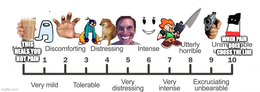 Pain Scale | WHEN PAIN DOES CROSS THE LINE; THIS HEALS YOU NOT PAIN | image tagged in pain scale | made w/ Imgflip meme maker